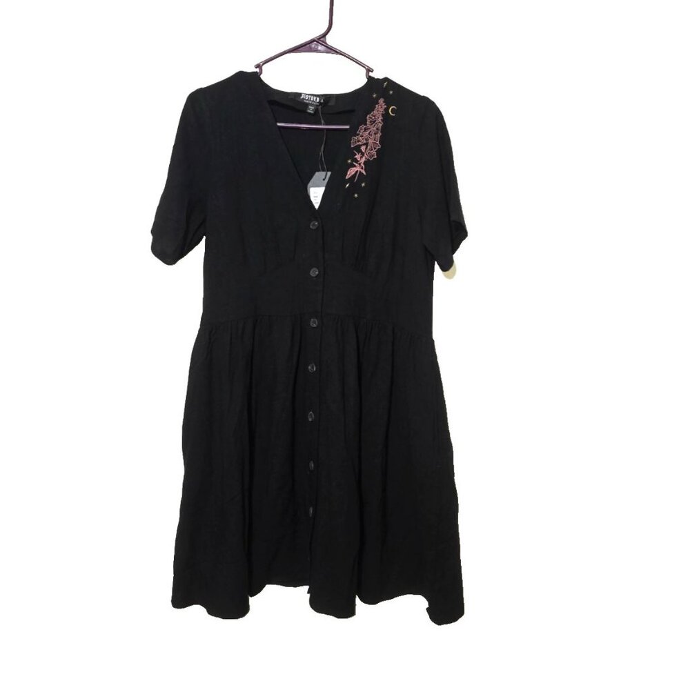 Disturbia Embroidered Foxglove V-neck Mini Dress 8 Whimsigoth Witch Black Gothic - Picture 2 of 16